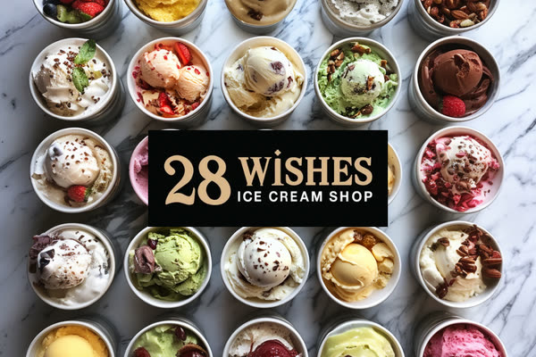 Top-down view of rows of ice cream cups in many colors and toppings on white marble, around a 28 Wishes Ice Cream Shop sign